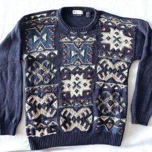 Haus‎ Norway XL Hand Knitted Sweater Night Fall Combo Blue Grandpa Nordic
